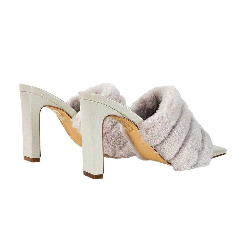 Nude - Front - XY London Womens-Ladies Hunter Fluffy Slim Block Heel Mules