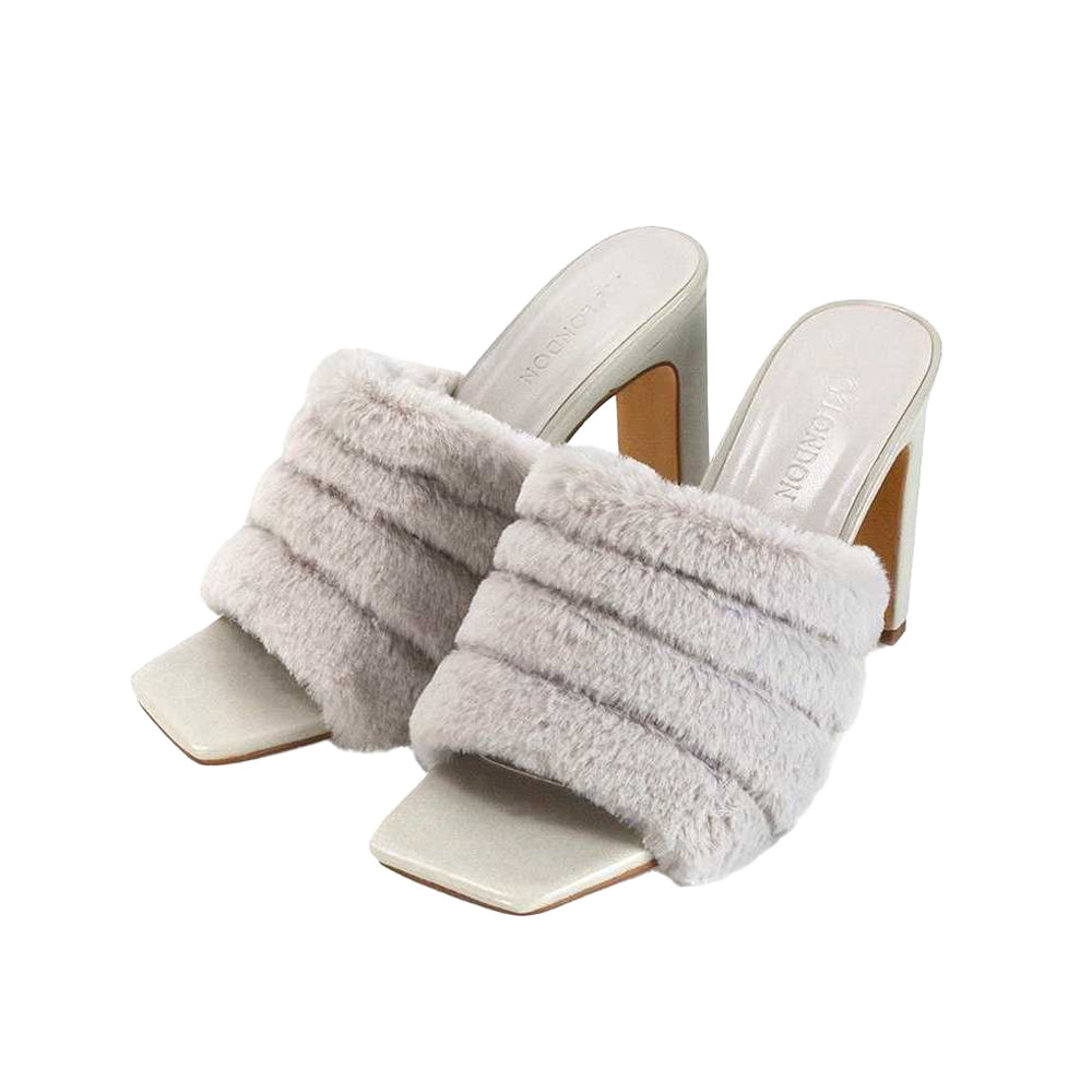 Grey - Side - XY London Womens-Ladies Hunter Fluffy Slim Block Heel Mules