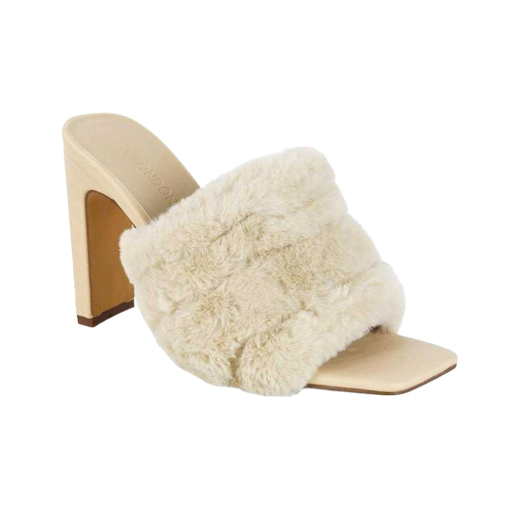 Nude - Back - XY London Womens-Ladies Hunter Fluffy Slim Block Heel Mules