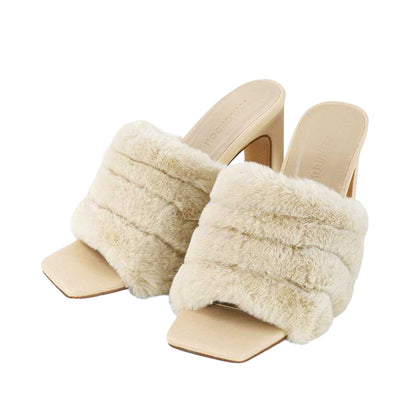 Nude - Pack Shot - XY London Womens-Ladies Hunter Fluffy Slim Block Heel Mules