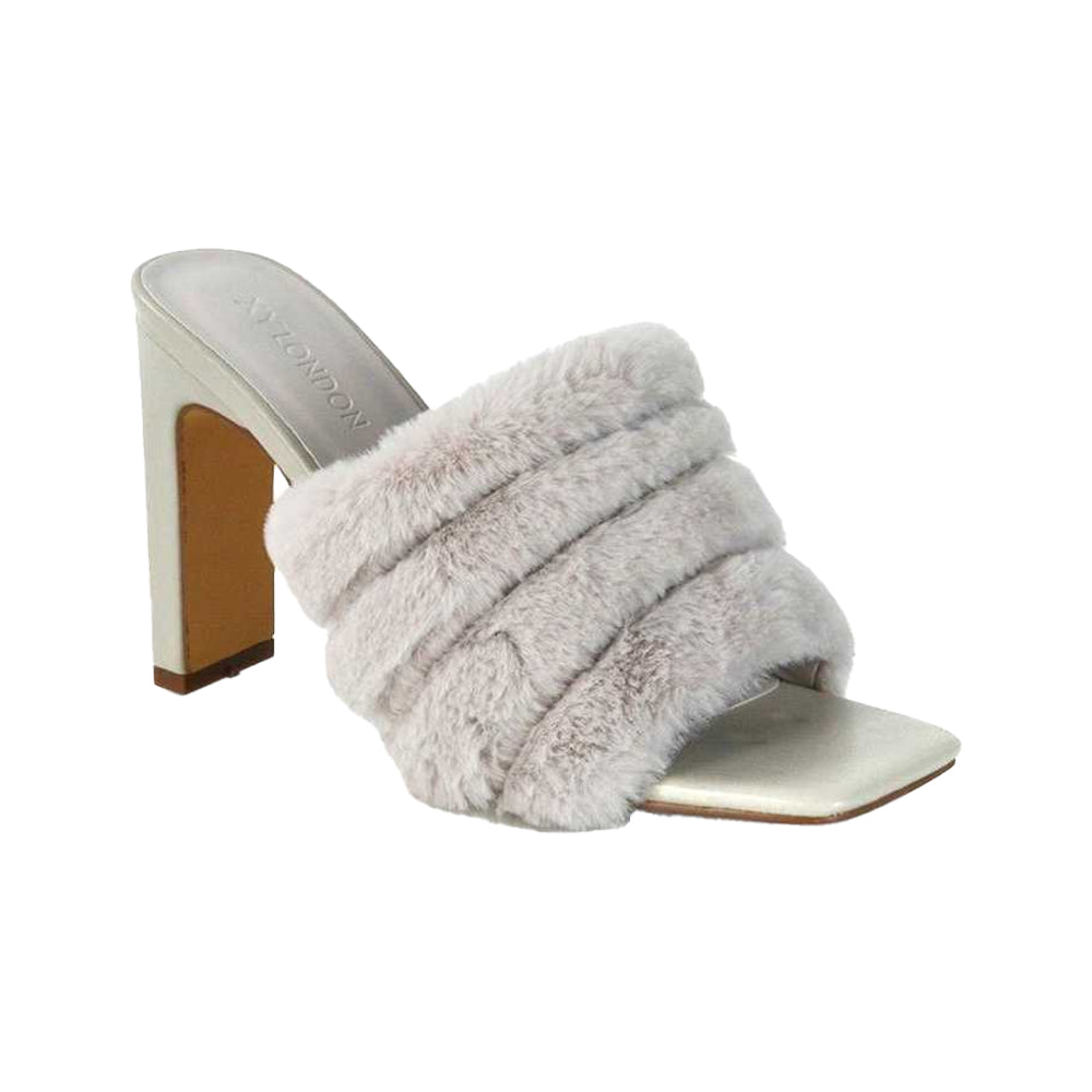 Grey - Front - XY London Womens-Ladies Hunter Fluffy Slim Block Heel Mules