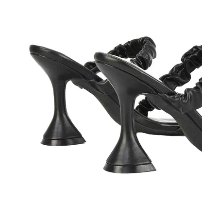Black - Back - XY London Womens-Ladies Daphne Ruched Double Strap Sculptured Heel Mules
