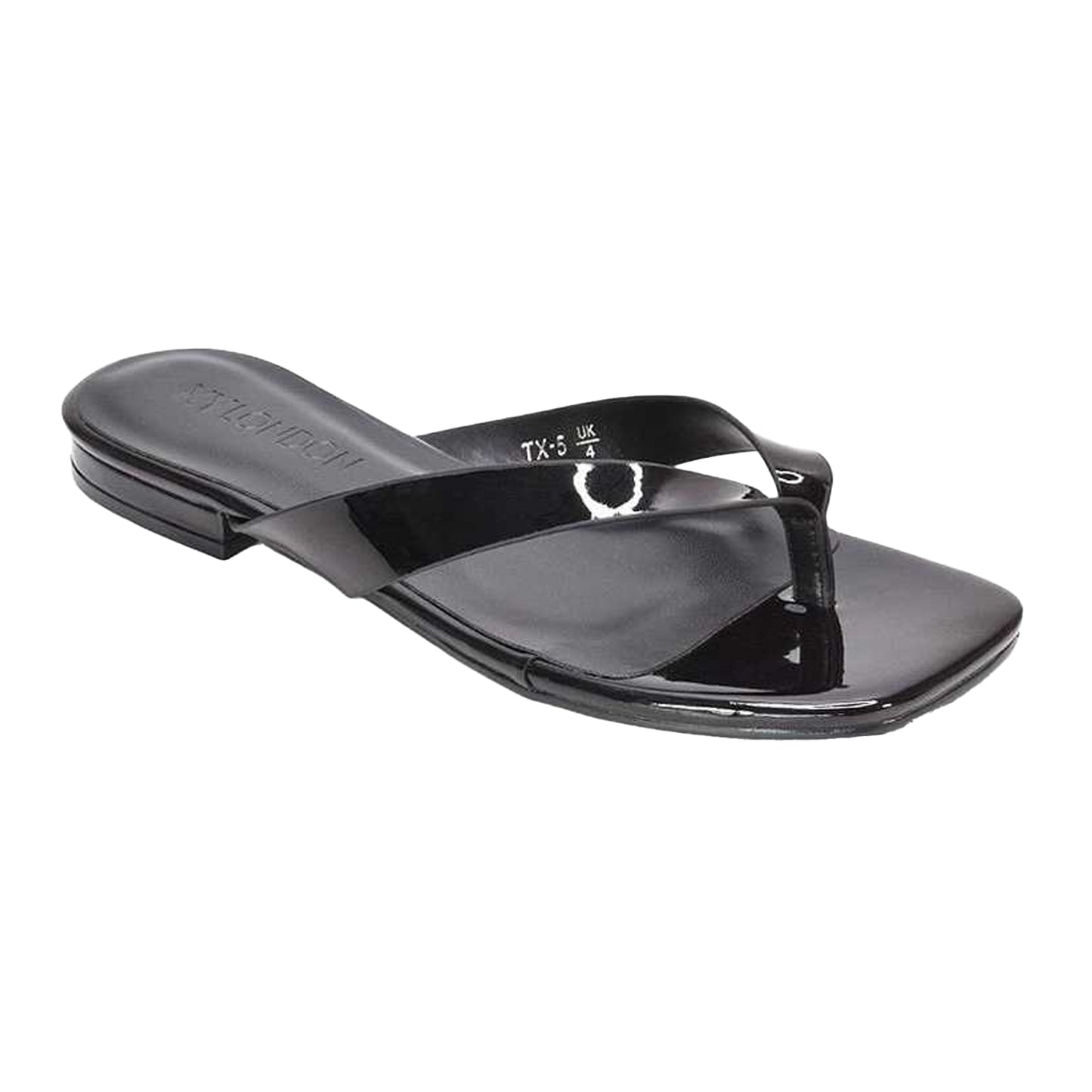 True Black - Front - XY London Womens-Ladies Rio Patent Thong Strap Square Flip Flops