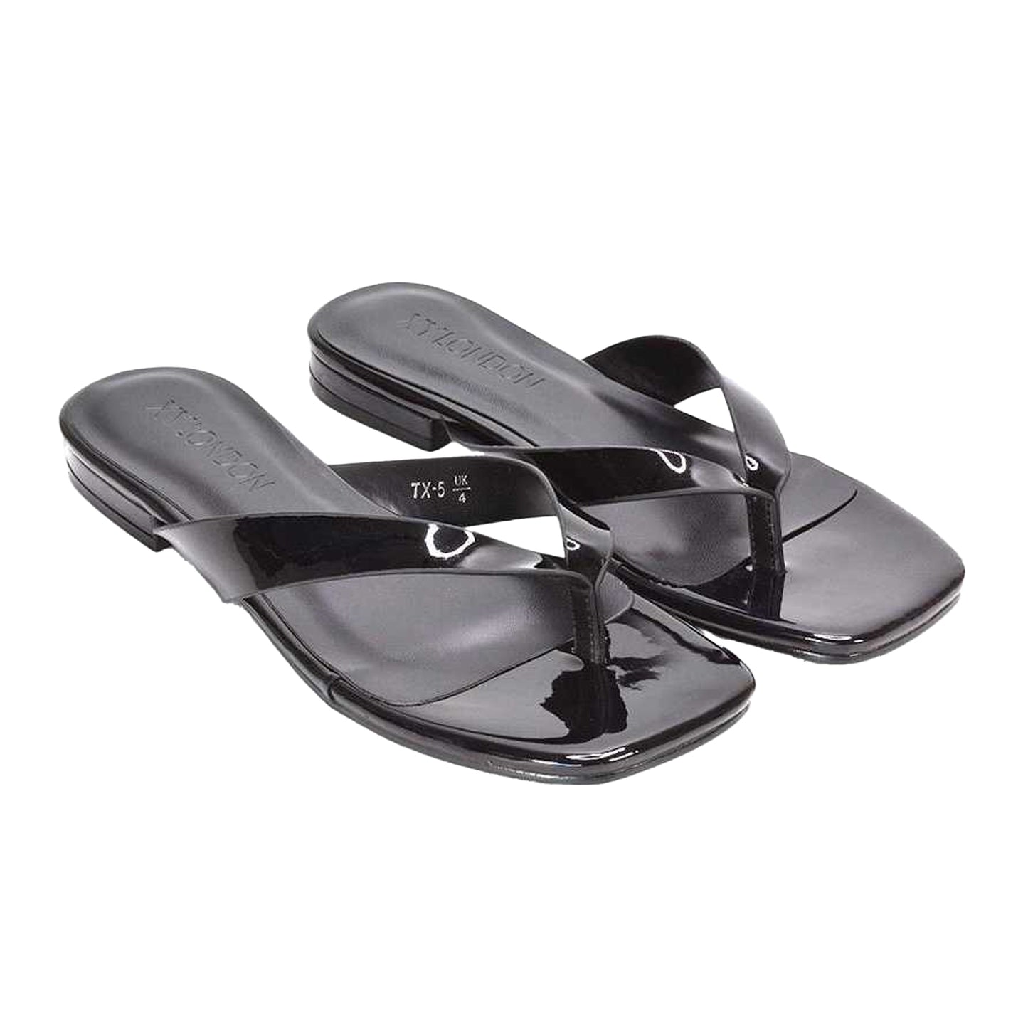 True Black - Lifestyle - XY London Womens-Ladies Rio Patent Thong Strap Square Flip Flops