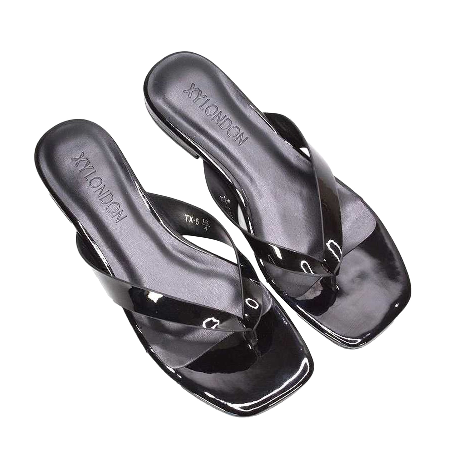 True Black - Pack Shot - XY London Womens-Ladies Rio Patent Thong Strap Square Flip Flops