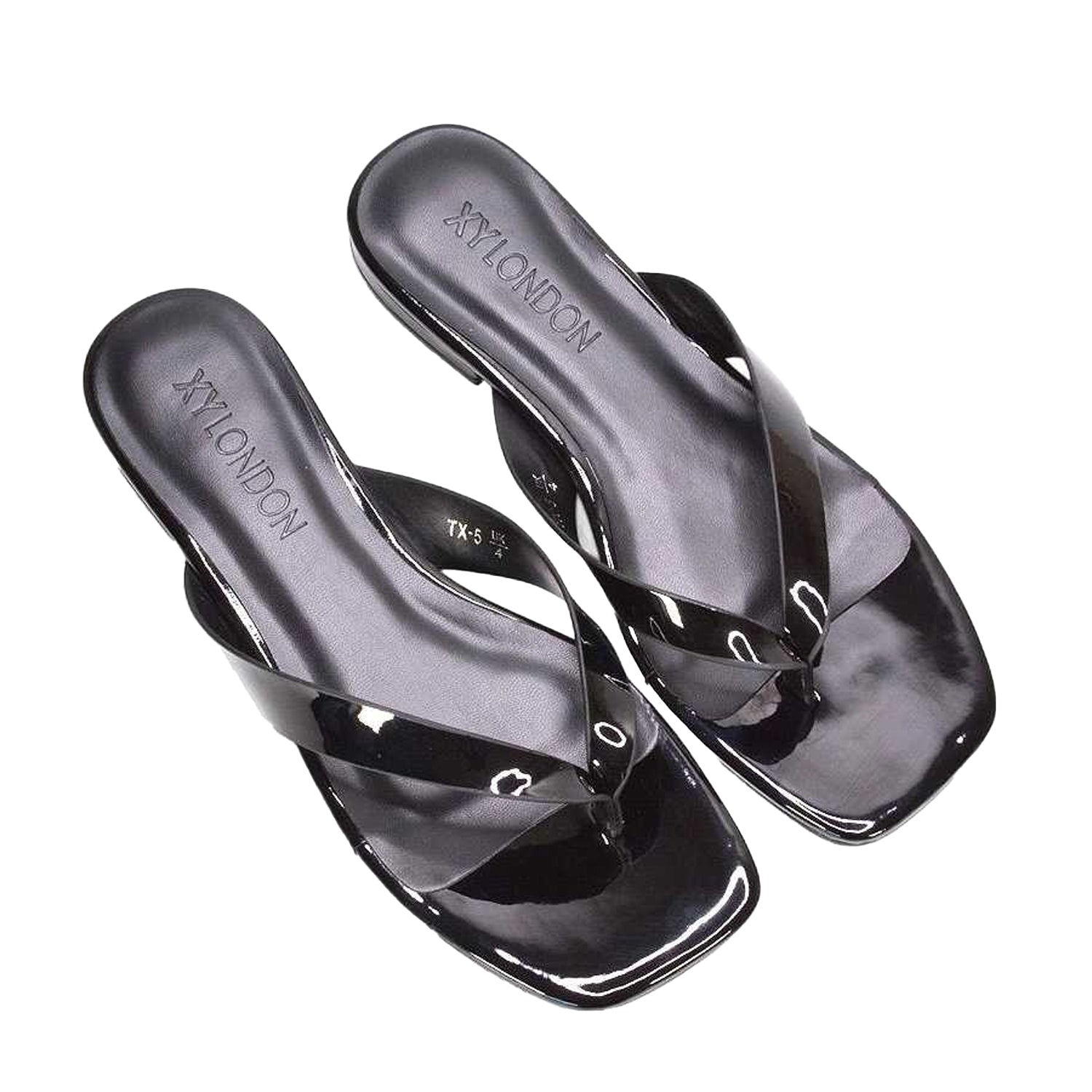 True Black - Pack Shot - XY London Womens-Ladies Rio Patent Thong Strap Square Flip Flops