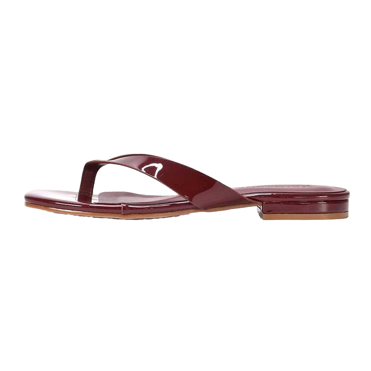 Burgundy - Side - XY London Womens-Ladies Rio Patent Thong Strap Square Flip Flops