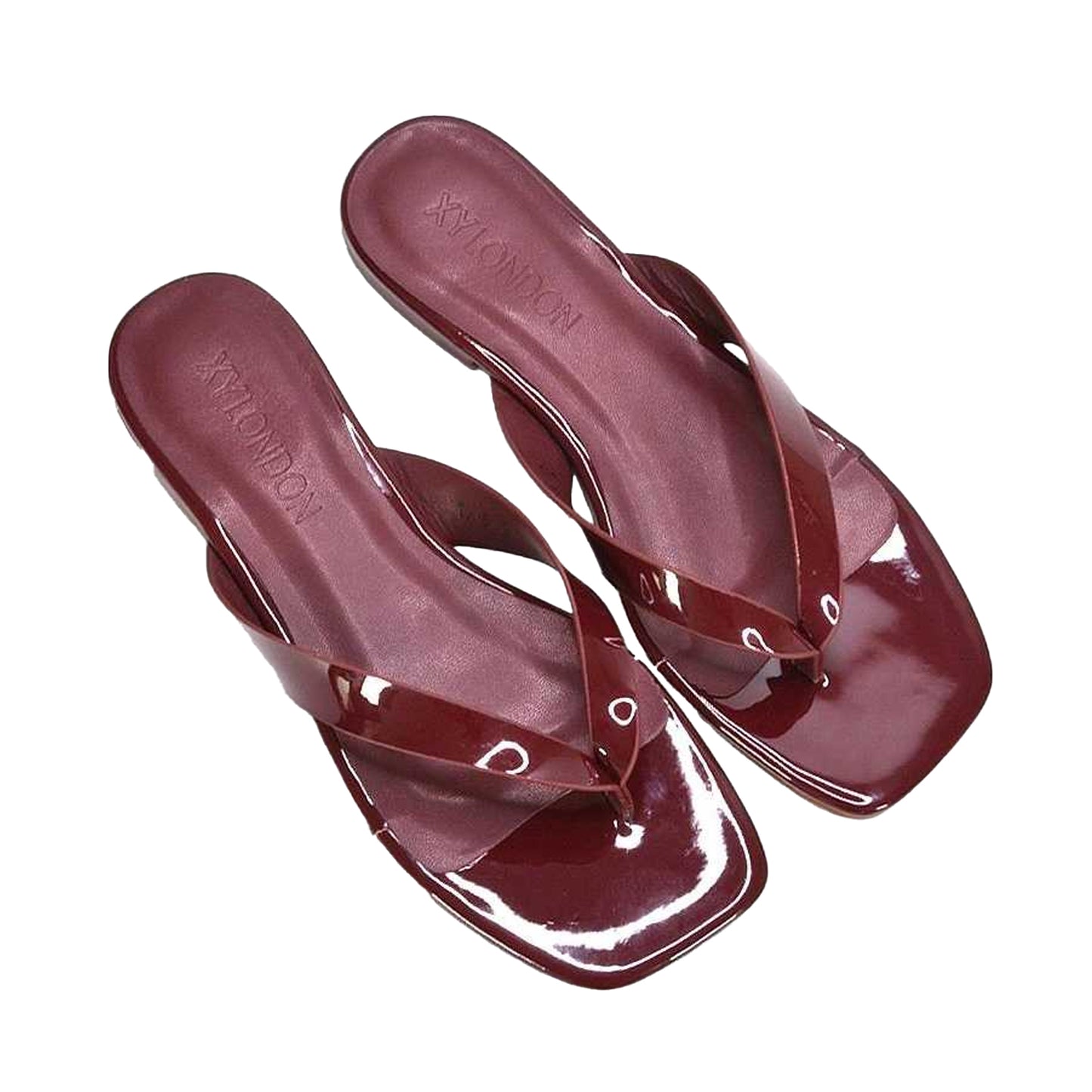 Burgundy - Pack Shot - XY London Womens-Ladies Rio Patent Thong Strap Square Flip Flops