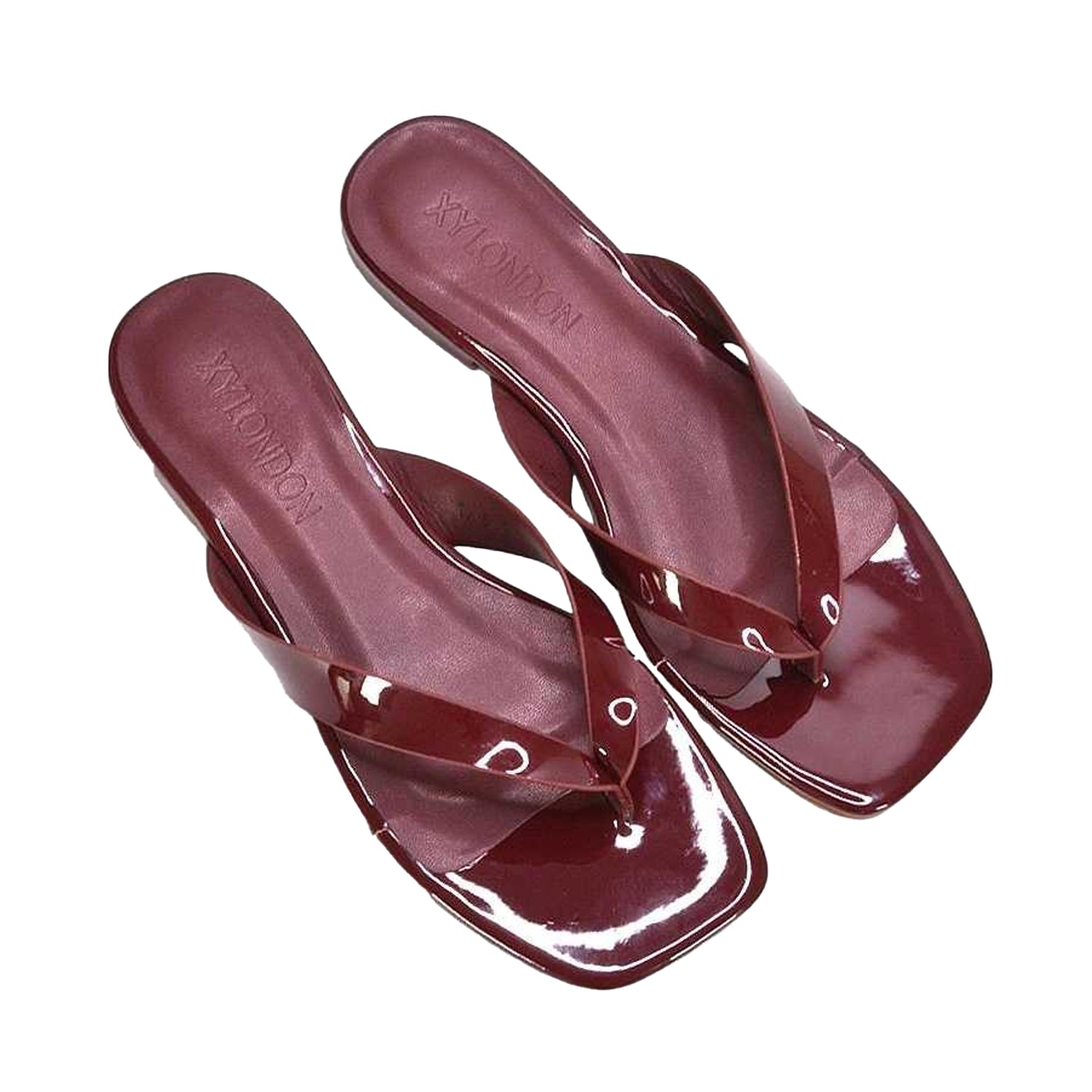 Burgundy - Pack Shot - XY London Womens-Ladies Rio Patent Thong Strap Square Flip Flops