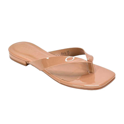 Taupe - Front - XY London Womens-Ladies Rio Patent Thong Strap Square Flip Flops