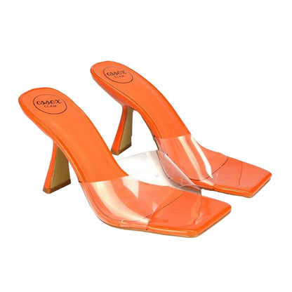 Orange - Front - XY London Womens-Ladies Lacie Patent Transparent Strap Thin Block Heel Mule Sandals
