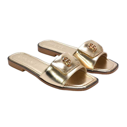 Gold - Side - XY London Womens-Ladies Leigh Metallic Open Toe Buckle Detail Sandals