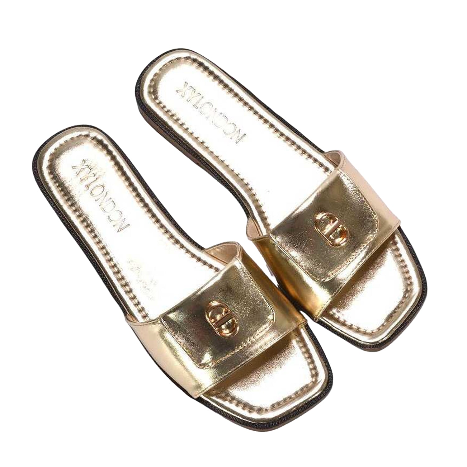 Gold - Lifestyle - XY London Womens-Ladies Leigh Metallic Open Toe Buckle Detail Sandals