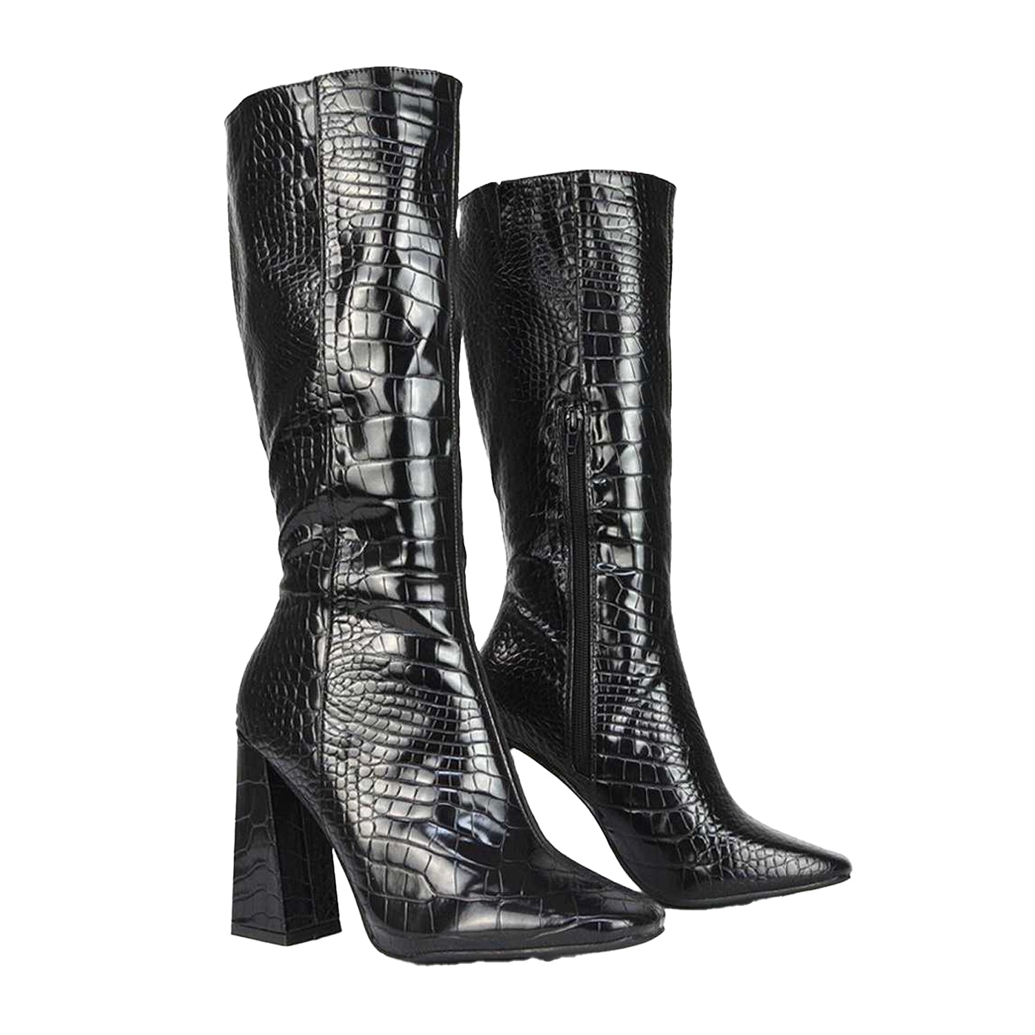 Black - Side - XY London Womens-Ladies Mina Mid Calf Heeled Knee-High Boots