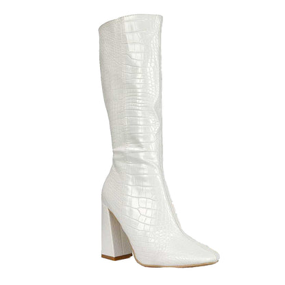 White - Front - XY London Womens-Ladies Mina Mid Calf Heeled Knee-High Boots