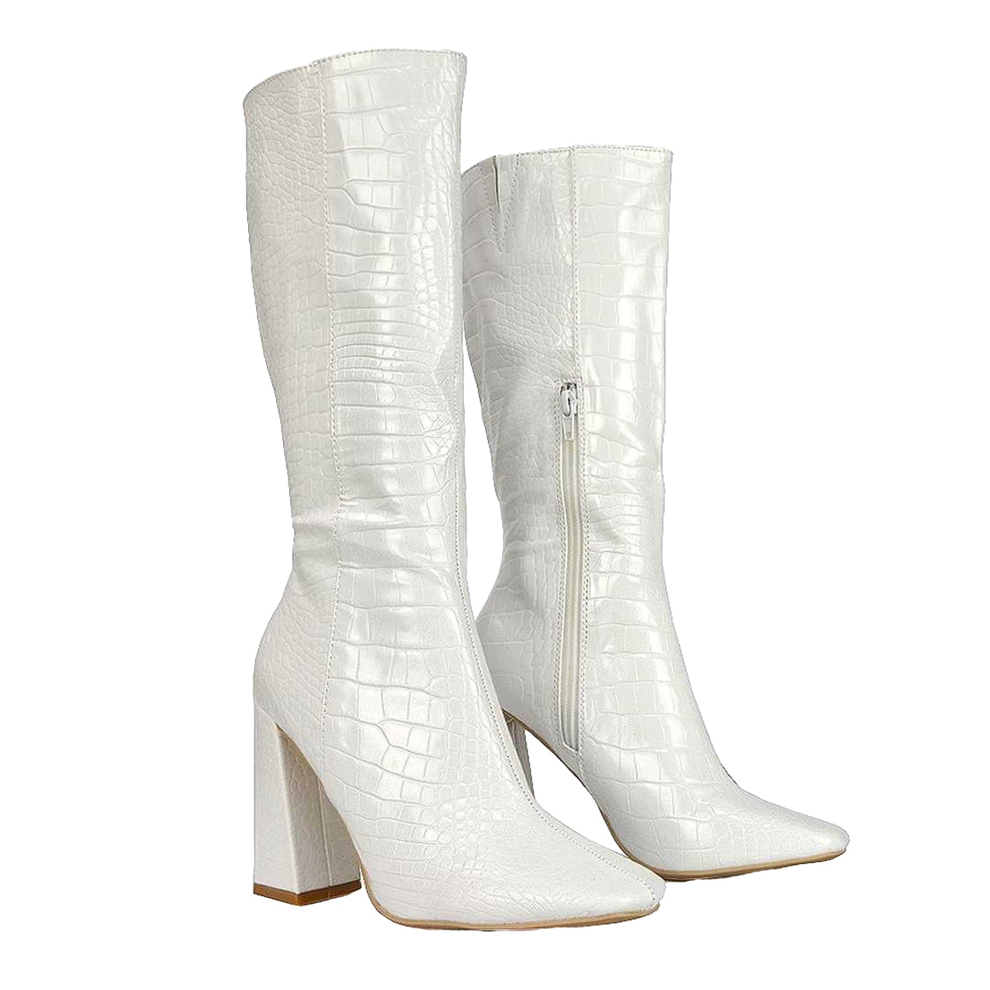 White - Side - XY London Womens-Ladies Mina Mid Calf Heeled Knee-High Boots