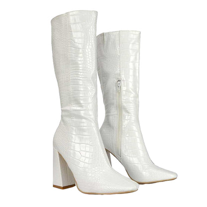 White - Side - XY London Womens-Ladies Mina Mid Calf Heeled Knee-High Boots