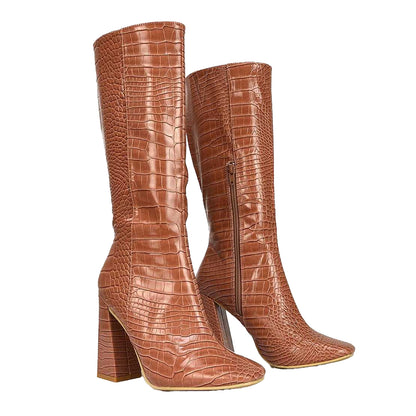 Brown - Side - XY London Womens-Ladies Mina Mid Calf Heeled Knee-High Boots