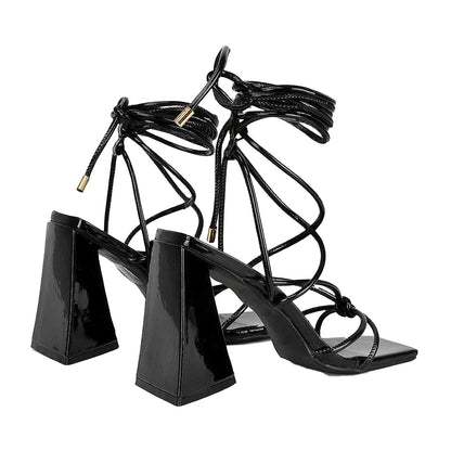 True Black - Back - XY London Womens-Ladies Krystal Patent Strappy Lace Up Flare Heel High Heels