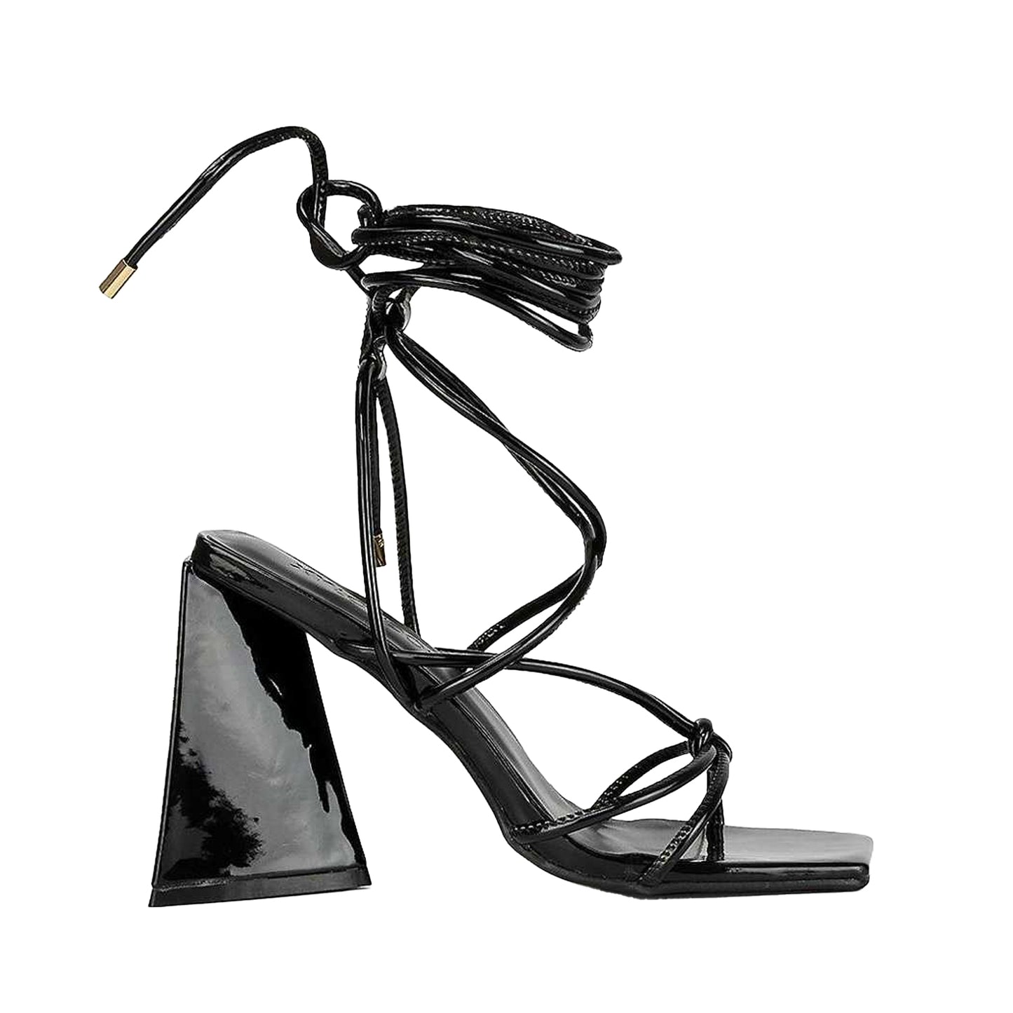 True Black - Side - XY London Womens-Ladies Krystal Patent Strappy Lace Up Flare Heel High Heels