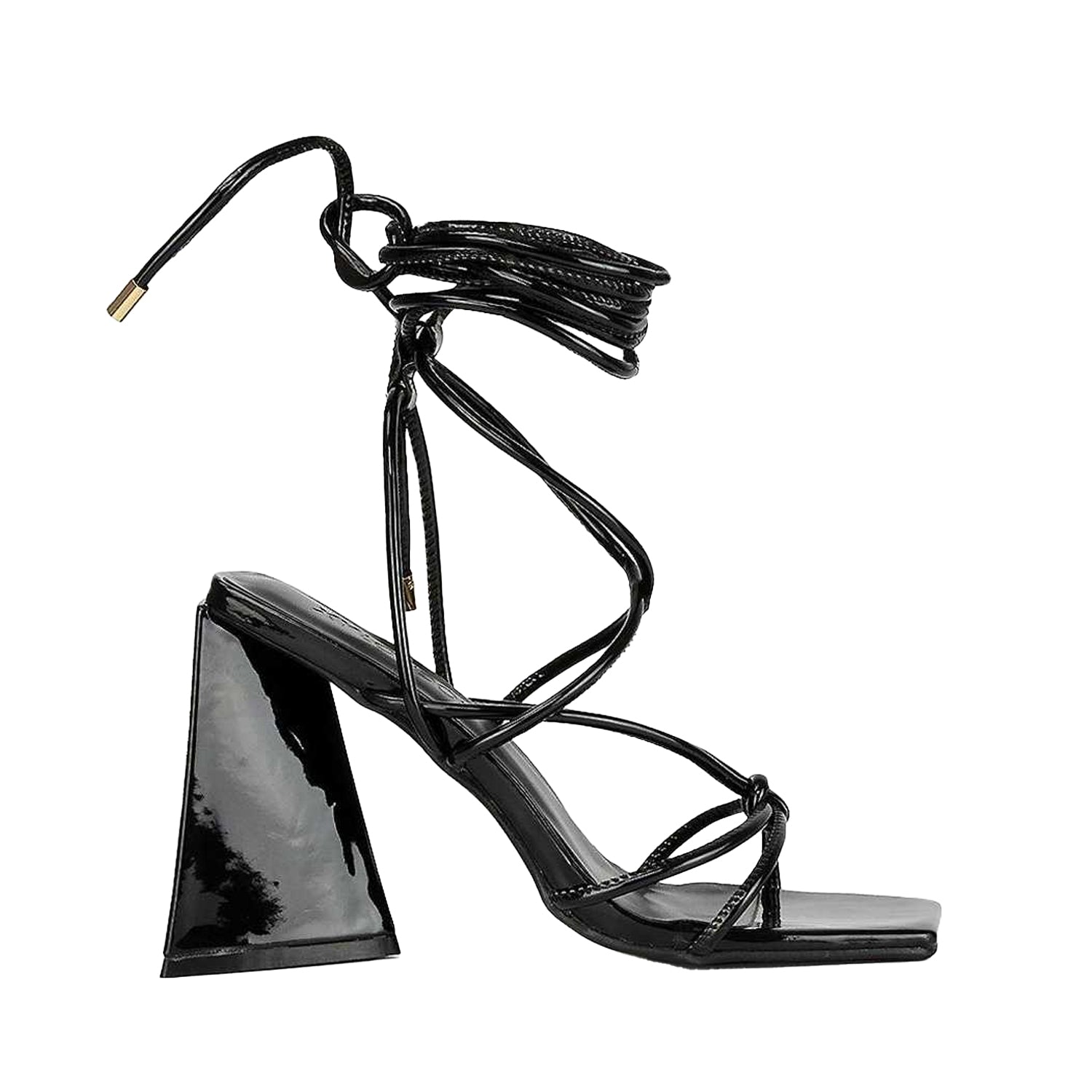 True Black - Side - XY London Womens-Ladies Krystal Patent Strappy Lace Up Flare Heel High Heels