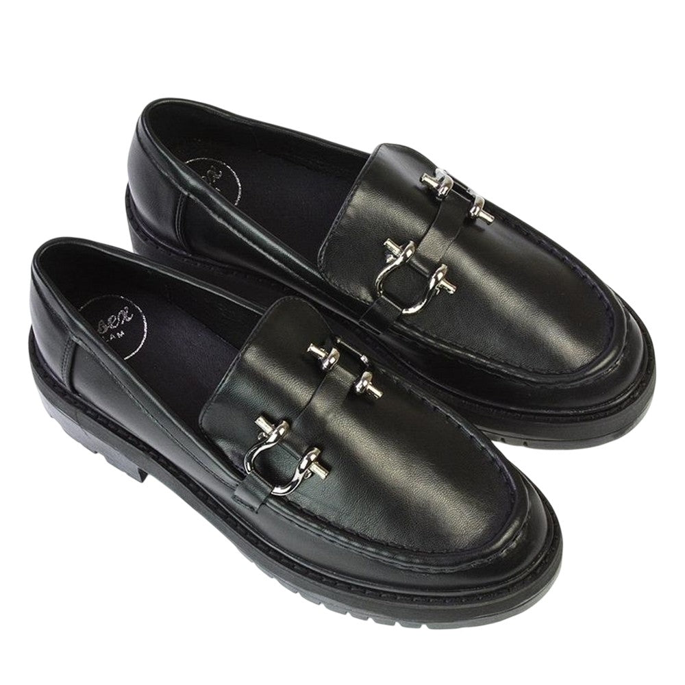 Black - Pack Shot - XY London Womens-Ladies Riley Buckle Detail Block Heel Loafers