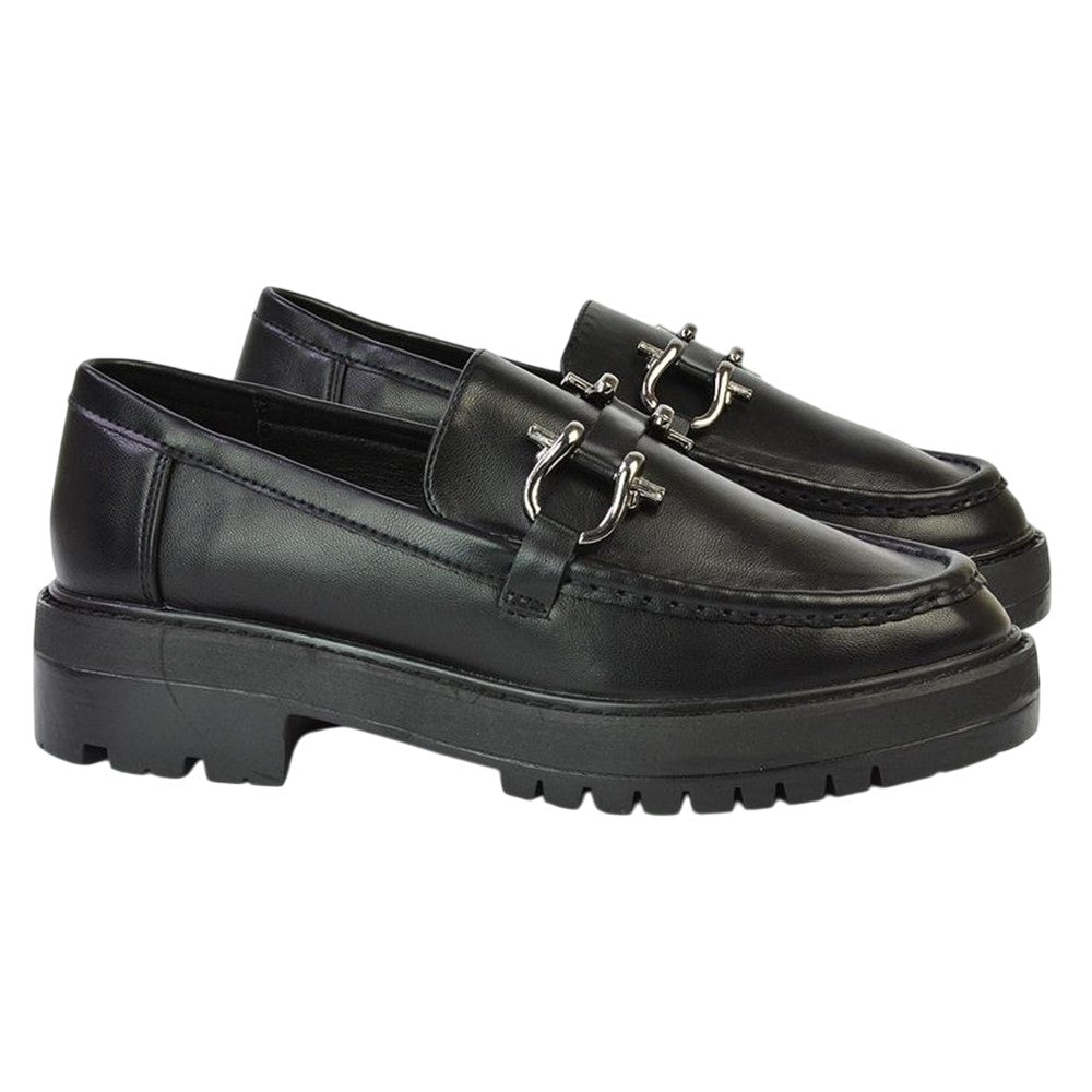 Black - Side - XY London Womens-Ladies Riley Buckle Detail Block Heel Loafers