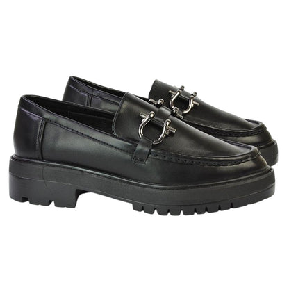 Black - Side - XY London Womens-Ladies Riley Buckle Detail Block Heel Loafers