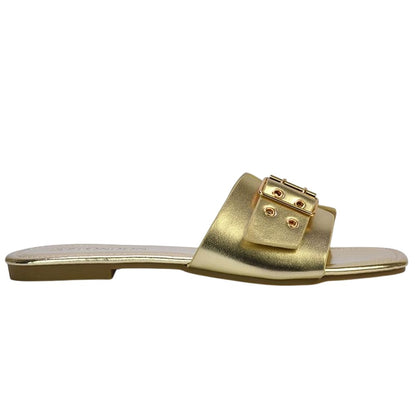 Gold - Back - XY London Womens-Ladies Inez Buckle Metallic Square Toe Strappy Flat Sandals