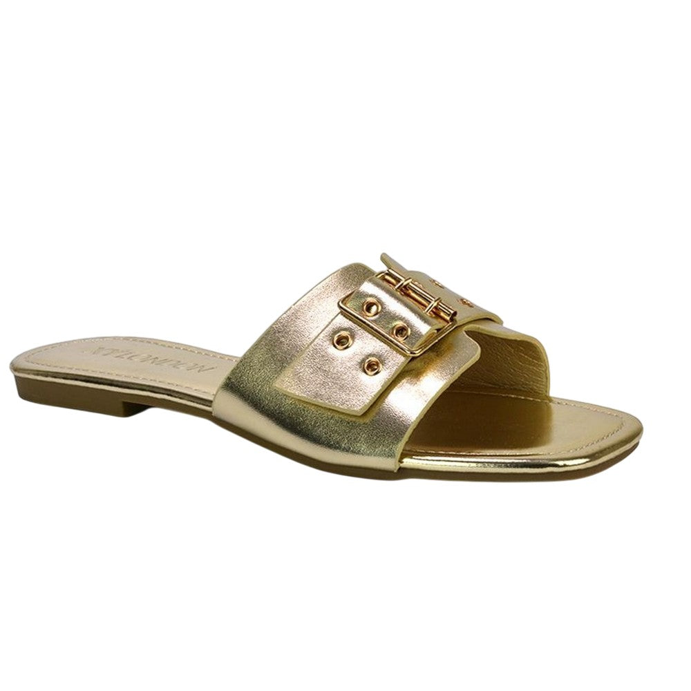 Gold - Side - XY London Womens-Ladies Inez Buckle Metallic Square Toe Strappy Flat Sandals