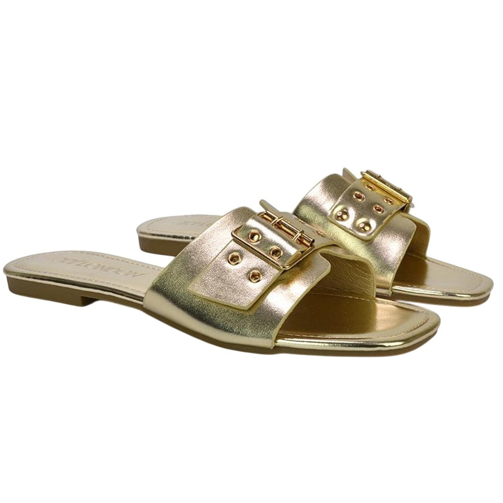 Gold - Lifestyle - XY London Womens-Ladies Inez Buckle Metallic Square Toe Strappy Flat Sandals