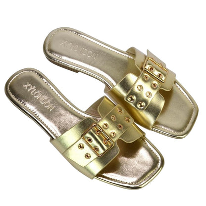 Gold - Pack Shot - XY London Womens-Ladies Inez Buckle Metallic Square Toe Strappy Flat Sandals