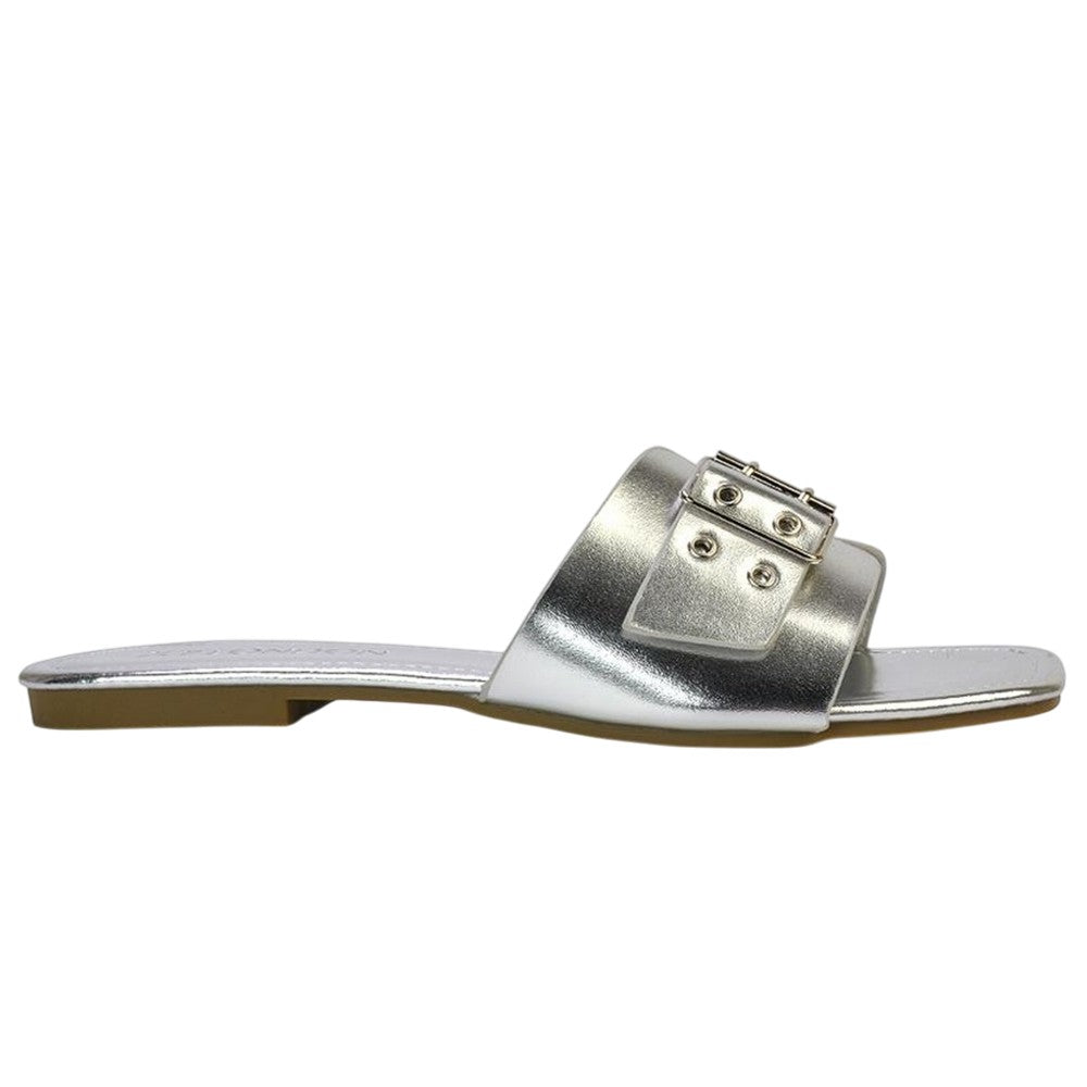Silver - Back - XY London Womens-Ladies Inez Buckle Metallic Square Toe Strappy Flat Sandals