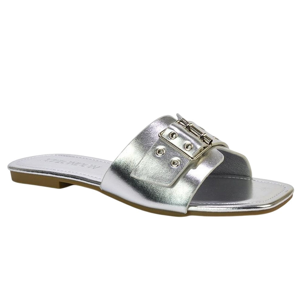 Silver - Side - XY London Womens-Ladies Inez Buckle Metallic Square Toe Strappy Flat Sandals