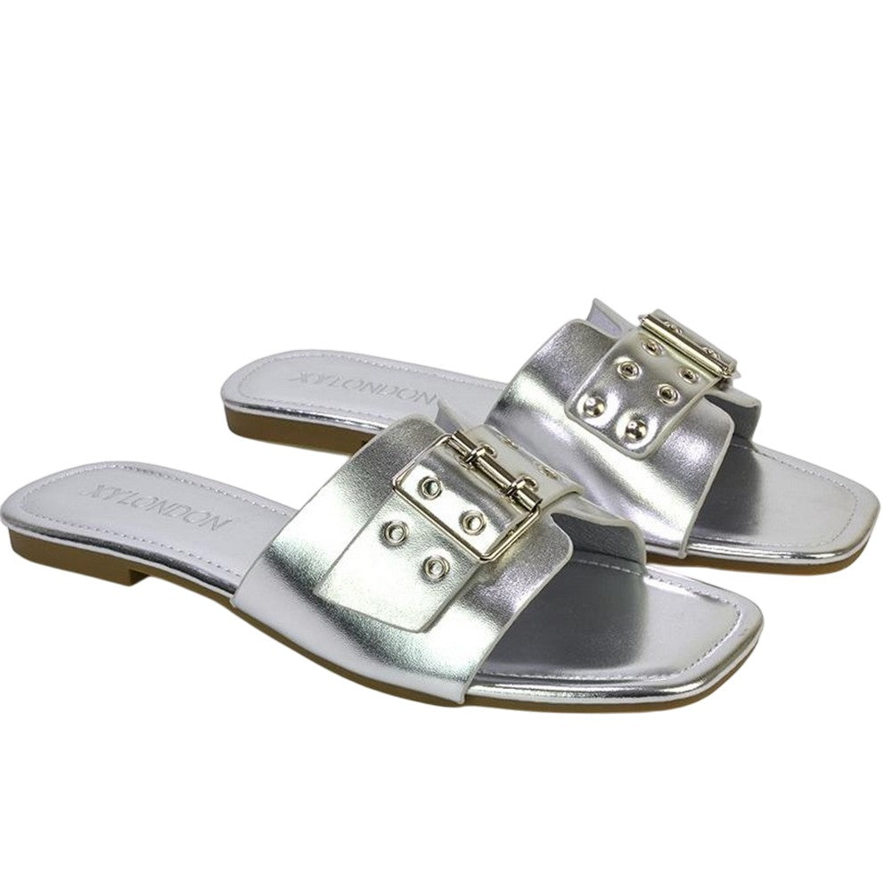 Silver - Front - XY London Womens-Ladies Inez Buckle Metallic Square Toe Strappy Flat Sandals