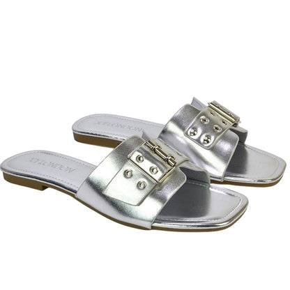 Silver - Front - XY London Womens-Ladies Inez Buckle Metallic Square Toe Strappy Flat Sandals