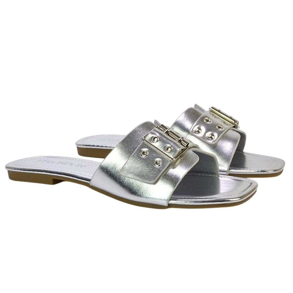 Silver - Lifestyle - XY London Womens-Ladies Inez Buckle Metallic Square Toe Strappy Flat Sandals