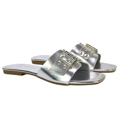 Silver - Lifestyle - XY London Womens-Ladies Inez Buckle Metallic Square Toe Strappy Flat Sandals