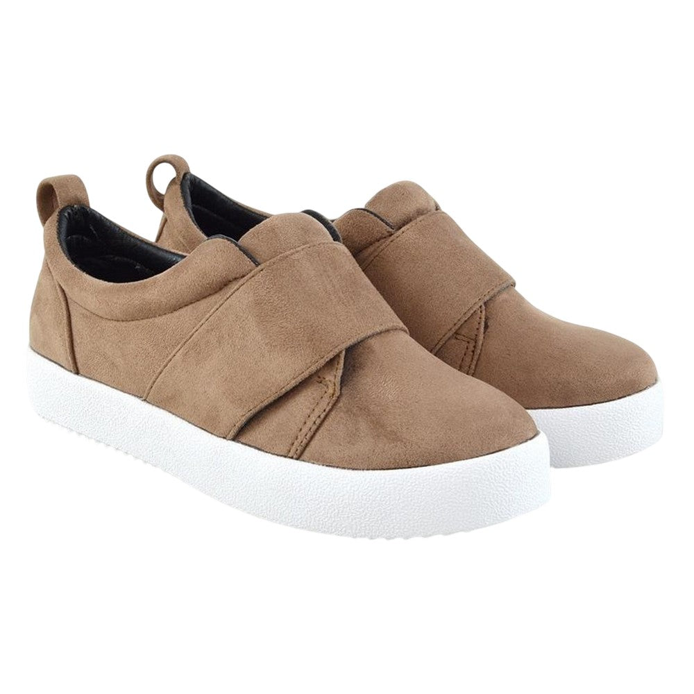 Taupe - Side - XY London Womens-Ladies Rebecca Faux Suede Chunky Sole Trainers