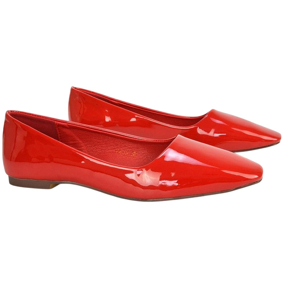 Cherry Red - Side - XY London Womens-Ladies Maci Patent Faux Leather Square Toe Ballerina Flats
