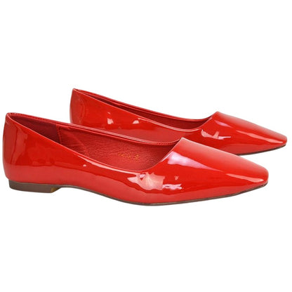Cherry Red - Side - XY London Womens-Ladies Maci Patent Faux Leather Square Toe Ballerina Flats