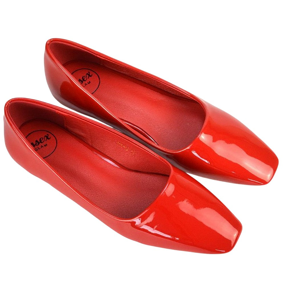 Cherry Red - Close up - XY London Womens-Ladies Maci Patent Faux Leather Square Toe Ballerina Flats