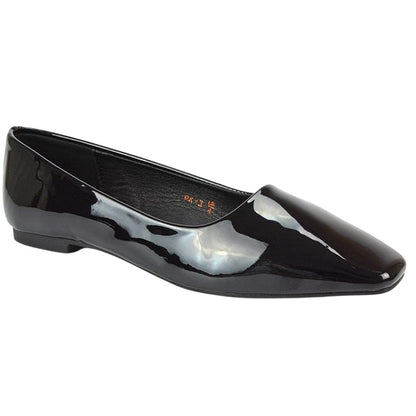 True Black - Pack Shot - XY London Womens-Ladies Maci Patent Faux Leather Square Toe Ballerina Flats