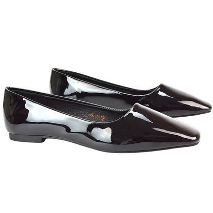 True Black - Side - XY London Womens-Ladies Maci Patent Faux Leather Square Toe Ballerina Flats