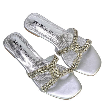 Silver - Pack Shot - XY London Womens-Ladies Kane Diamante Square Toe Cut Out Flat Sandals