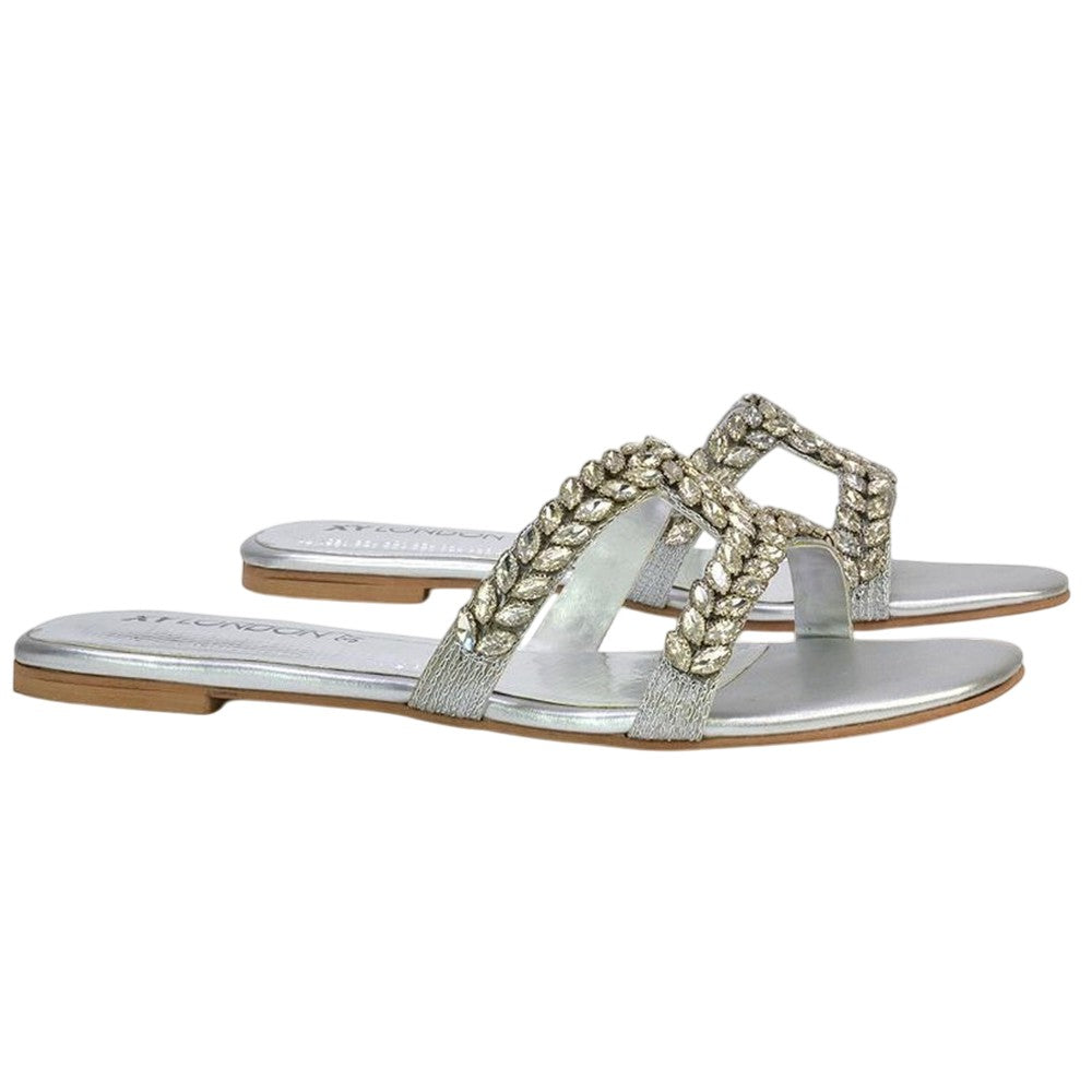 Silver - Side - XY London Womens-Ladies Kane Diamante Square Toe Cut Out Flat Sandals