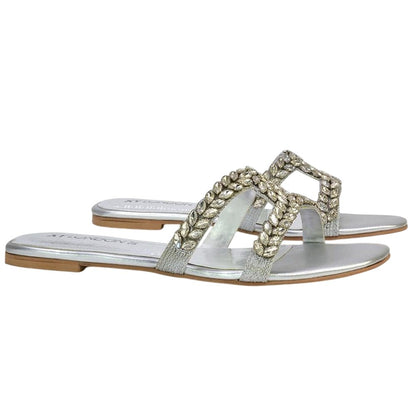 Silver - Side - XY London Womens-Ladies Kane Diamante Square Toe Cut Out Flat Sandals