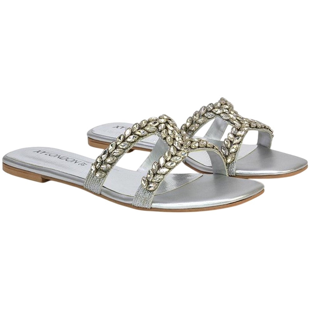 Silver - Front - XY London Womens-Ladies Kane Diamante Square Toe Cut Out Flat Sandals