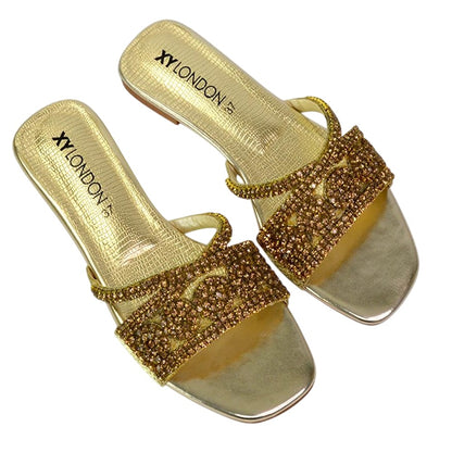 Gold - Pack Shot - XY London Womens-Ladies Kingsley Diamante Slip-on Embellished Flat Sandals