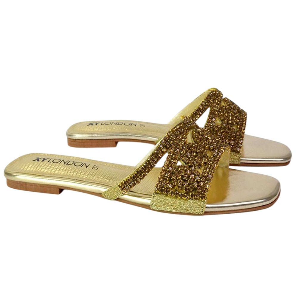 Gold - Side - XY London Womens-Ladies Kingsley Diamante Slip-on Embellished Flat Sandals